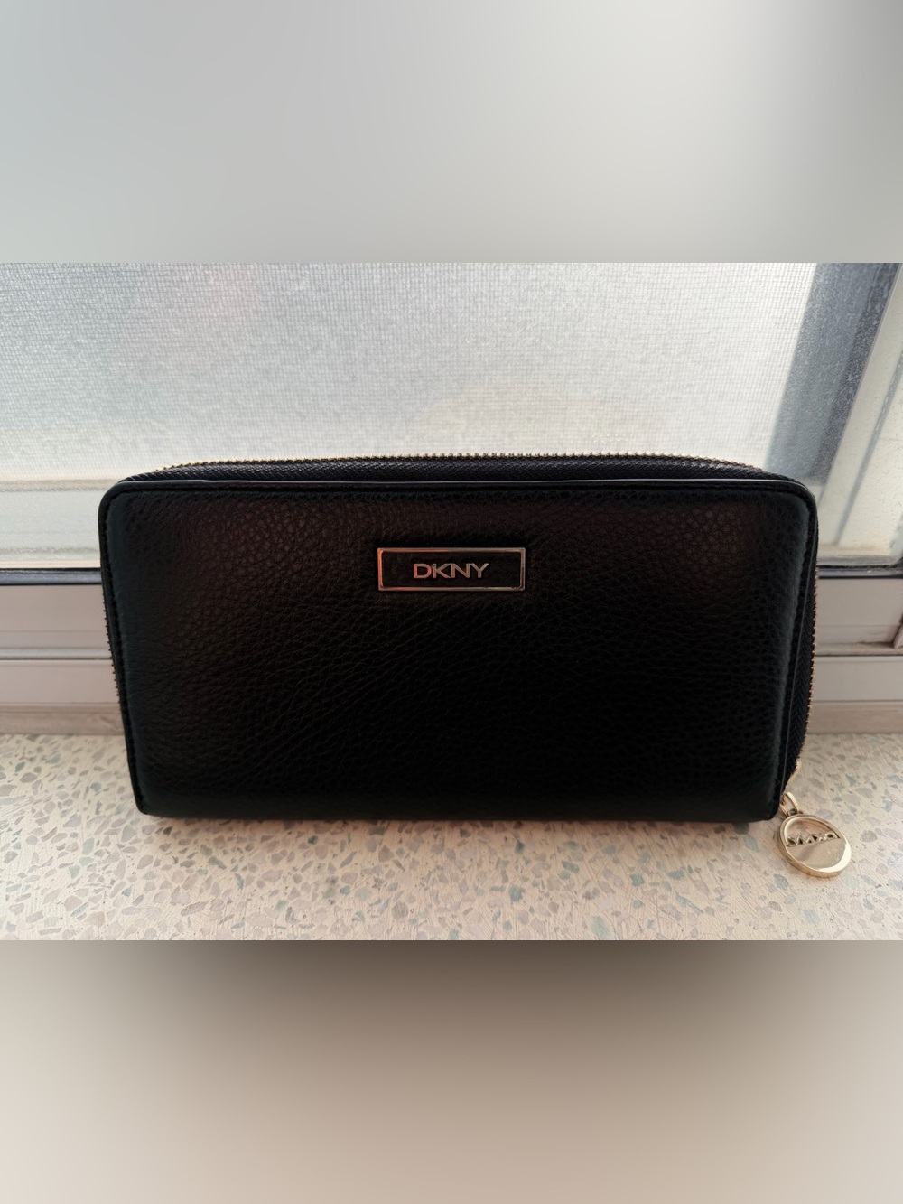 DKNY Black Pebbled Leather Zip-Around Wallet with Logo Plate